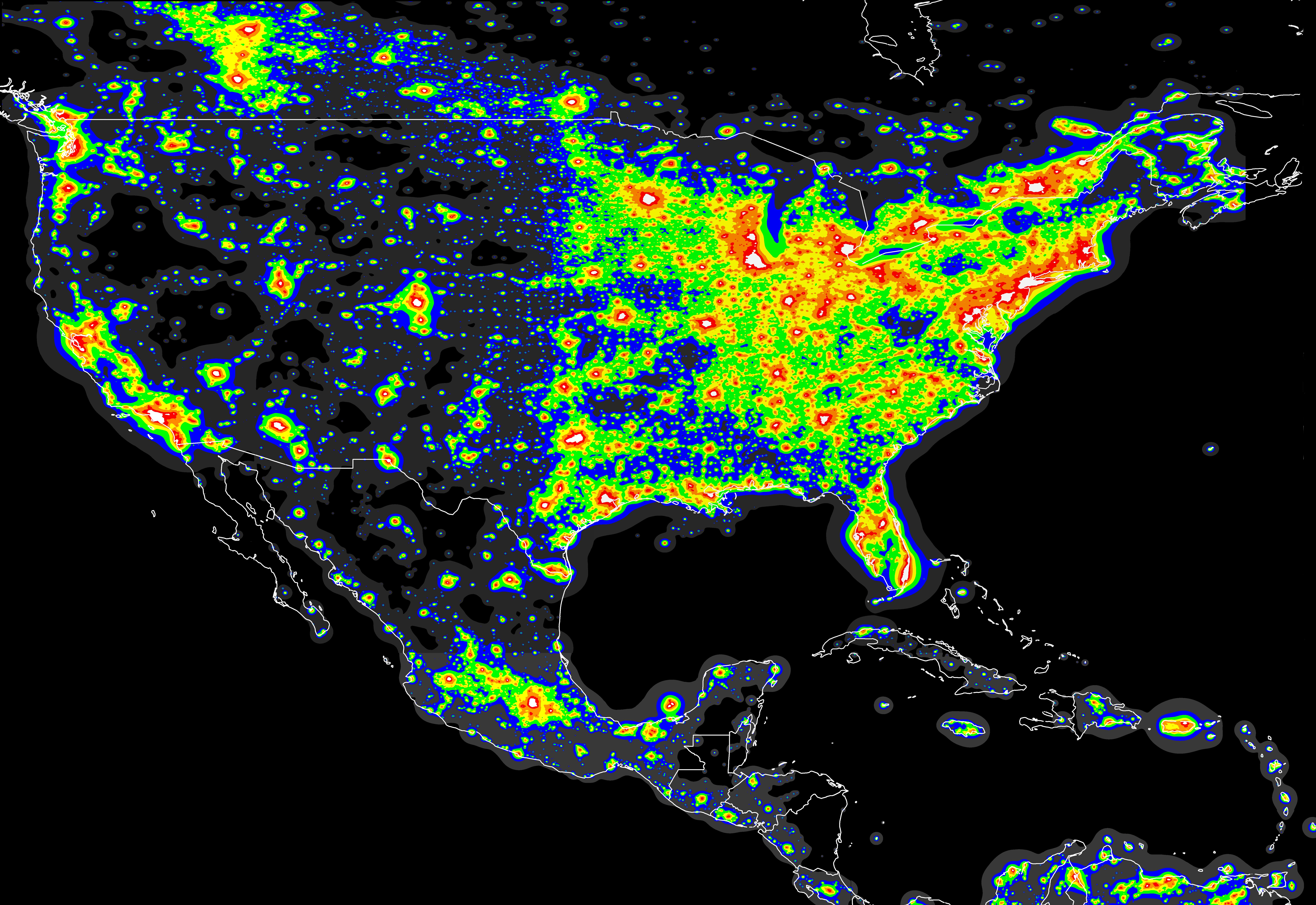 Image of artificial light pollution from Science Advances Journal titled The new world atlas of artificial night sky brightness by Falchi et al. 2016.
